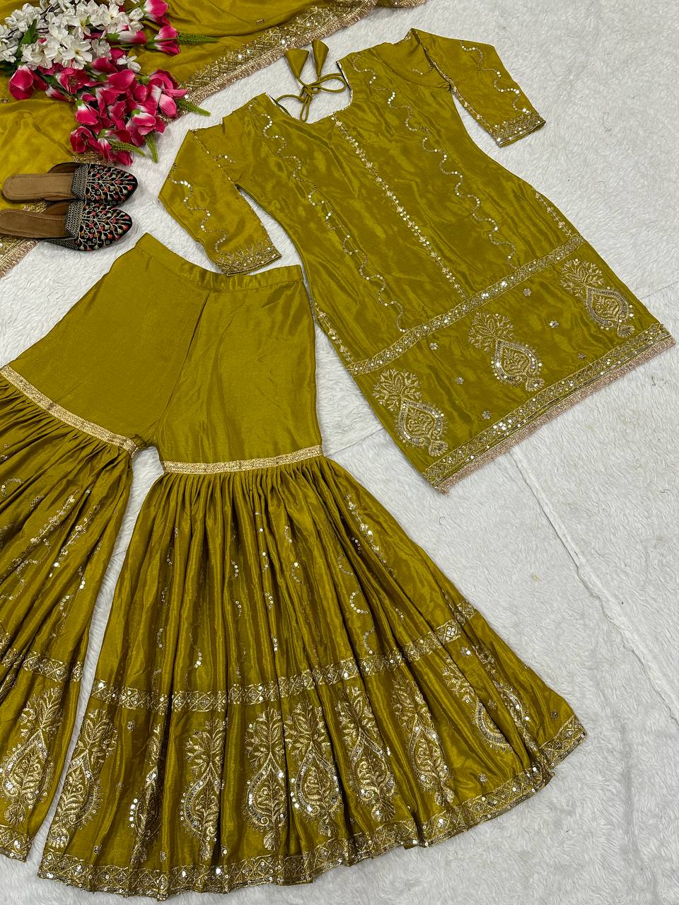 Party Wear Mustard Color Chinon Silk With Heavy Embroidery Work Sharara Suit