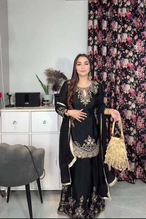 Trendy Black Color Heavy Chinon Silk With Sequence Embroidery Work Palazzo Suit