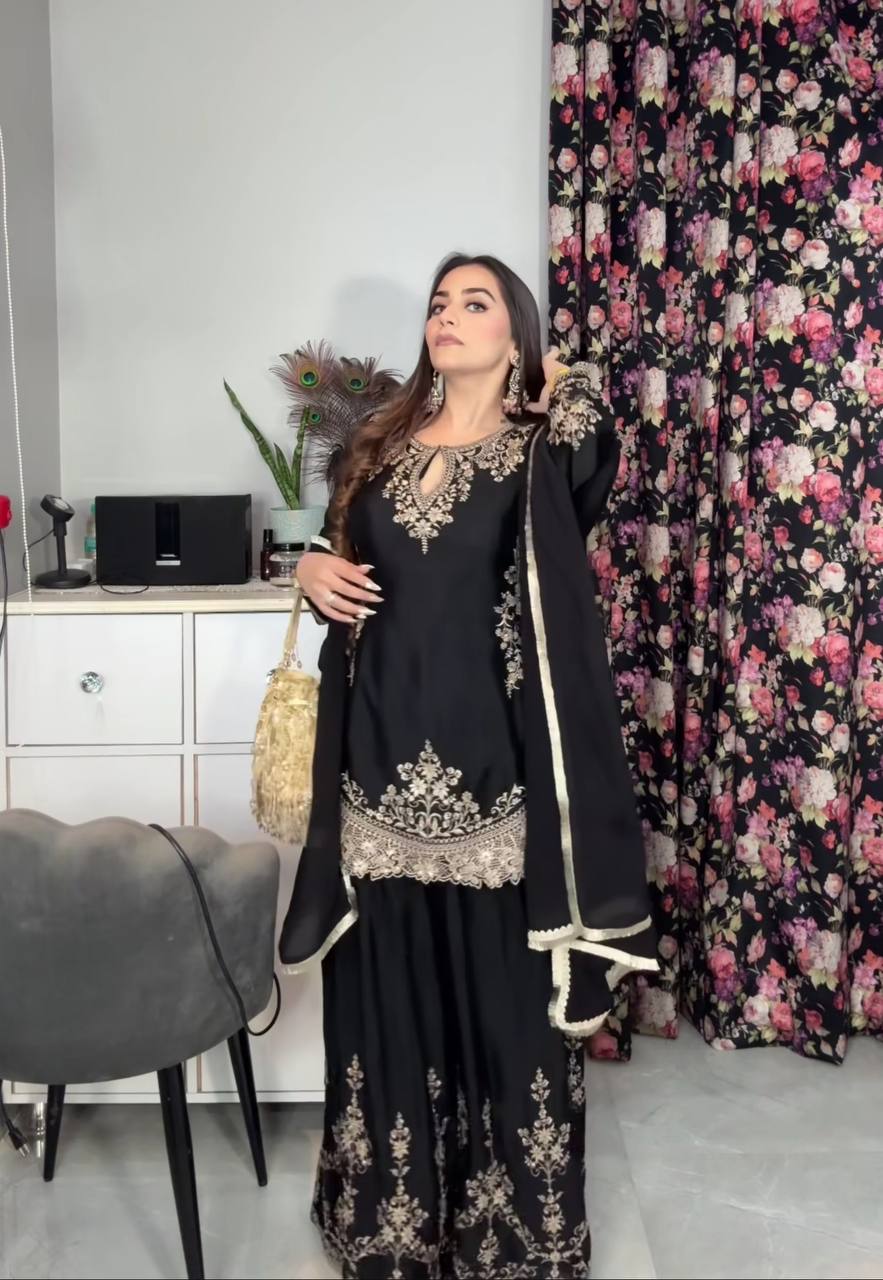 Trendy Black Color Heavy Chinon Silk With Sequence Embroidery Work Palazzo Suit