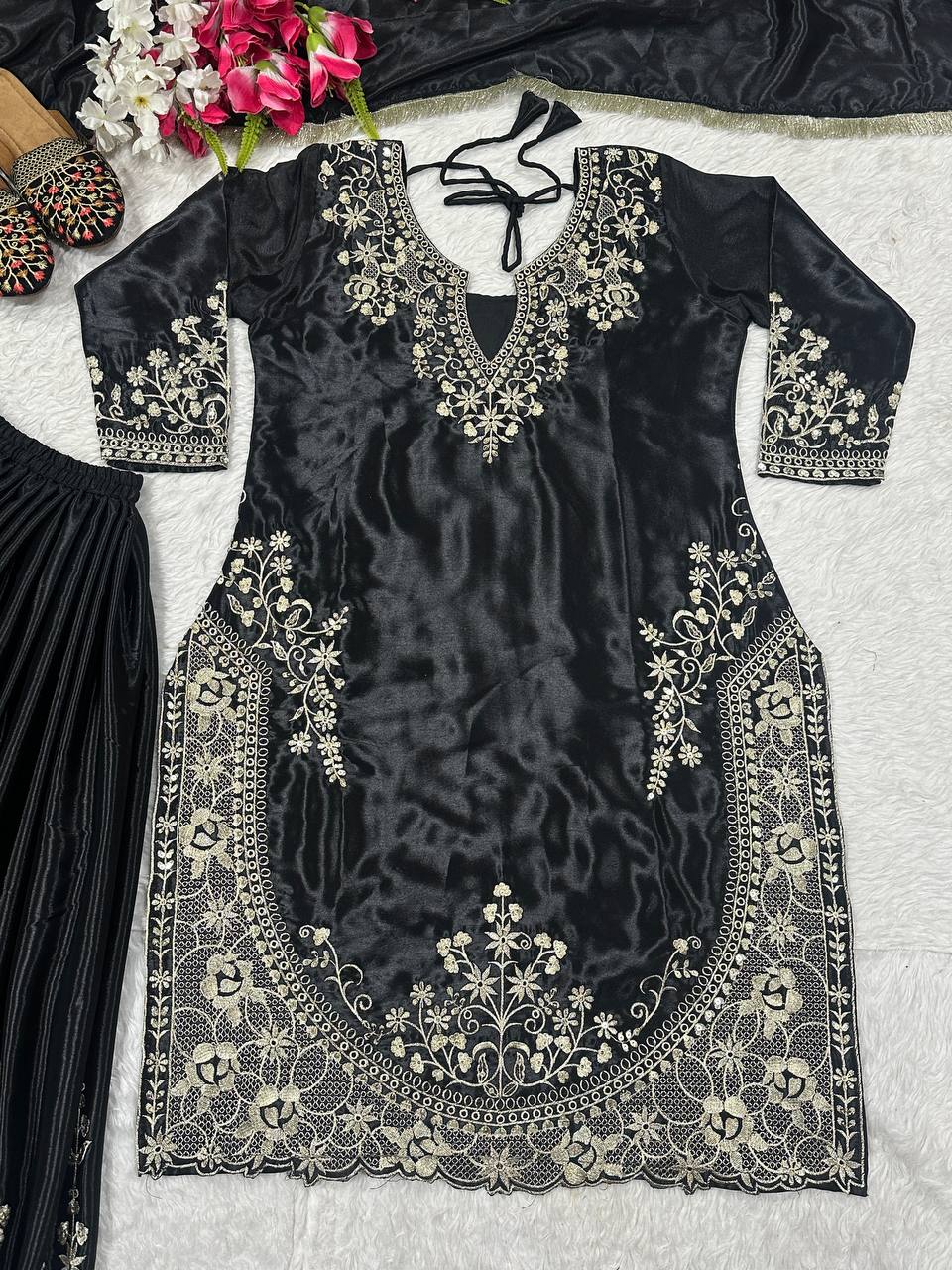 Trendy Black Color Heavy Chinon Silk With Sequence Embroidery Work Palazzo Suit