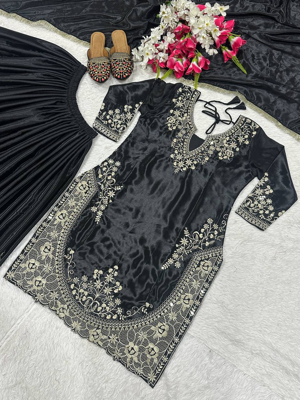 Trendy Black Color Heavy Chinon Silk With Sequence Embroidery Work Palazzo Suit