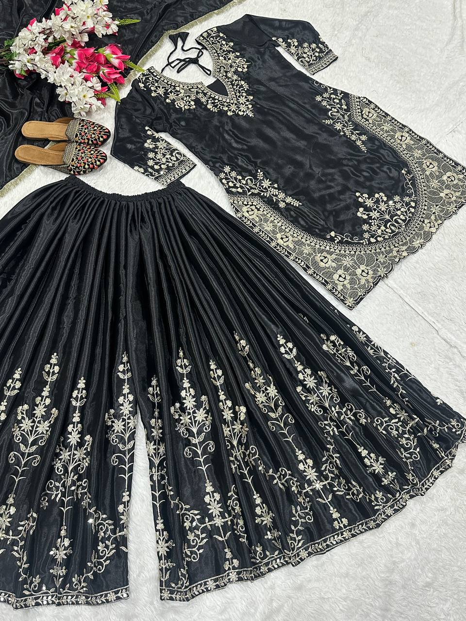 Trendy Black Color Heavy Chinon Silk With Sequence Embroidery Work Palazzo Suit