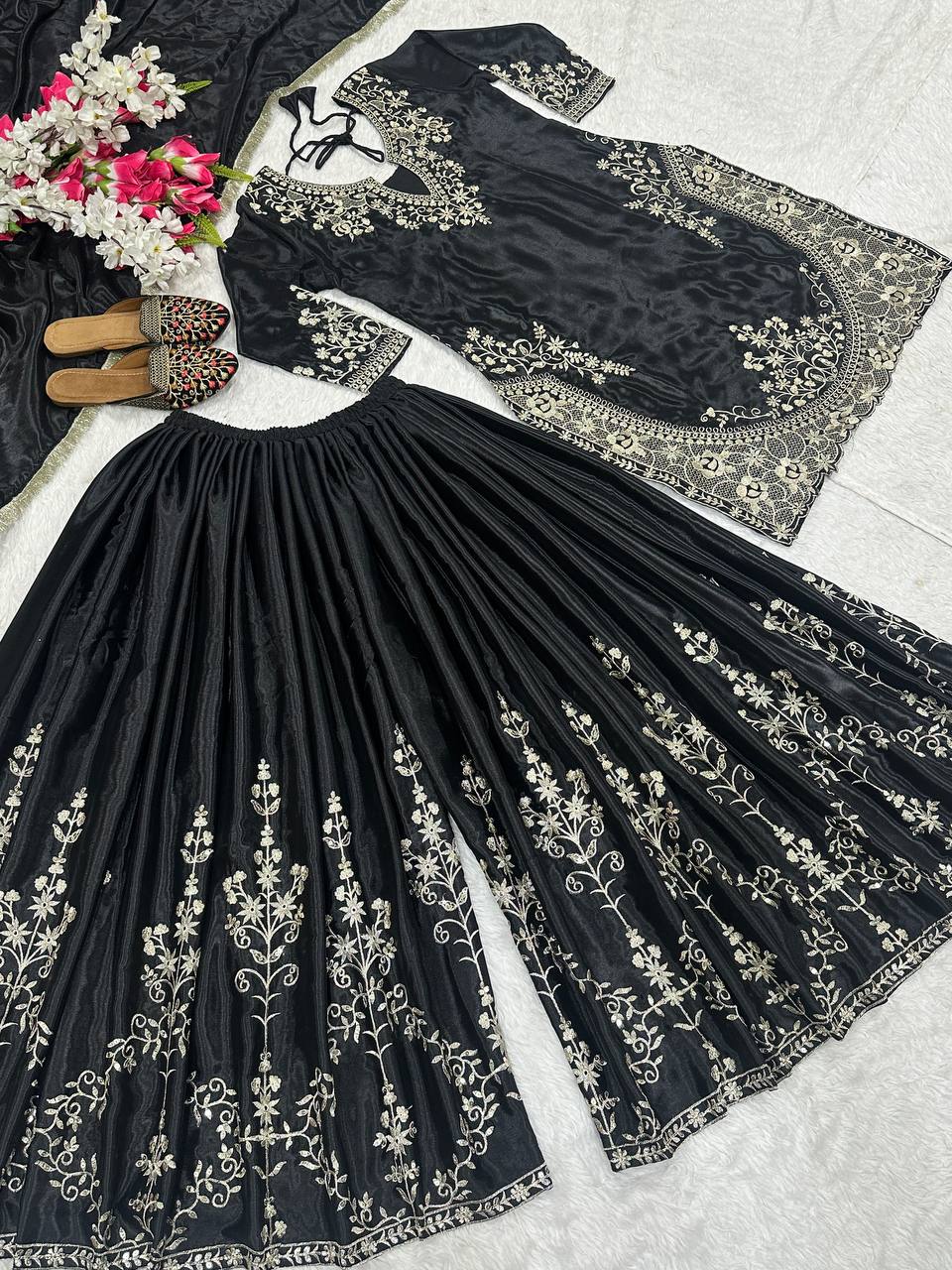 Trendy Black Color Heavy Chinon Silk With Sequence Embroidery Work Palazzo Suit