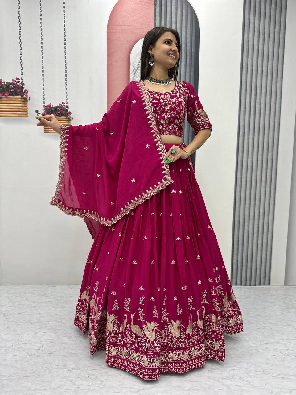 Function Wear Pink Color Chinon Embroidery Thread Work Designer Lehenga Choli