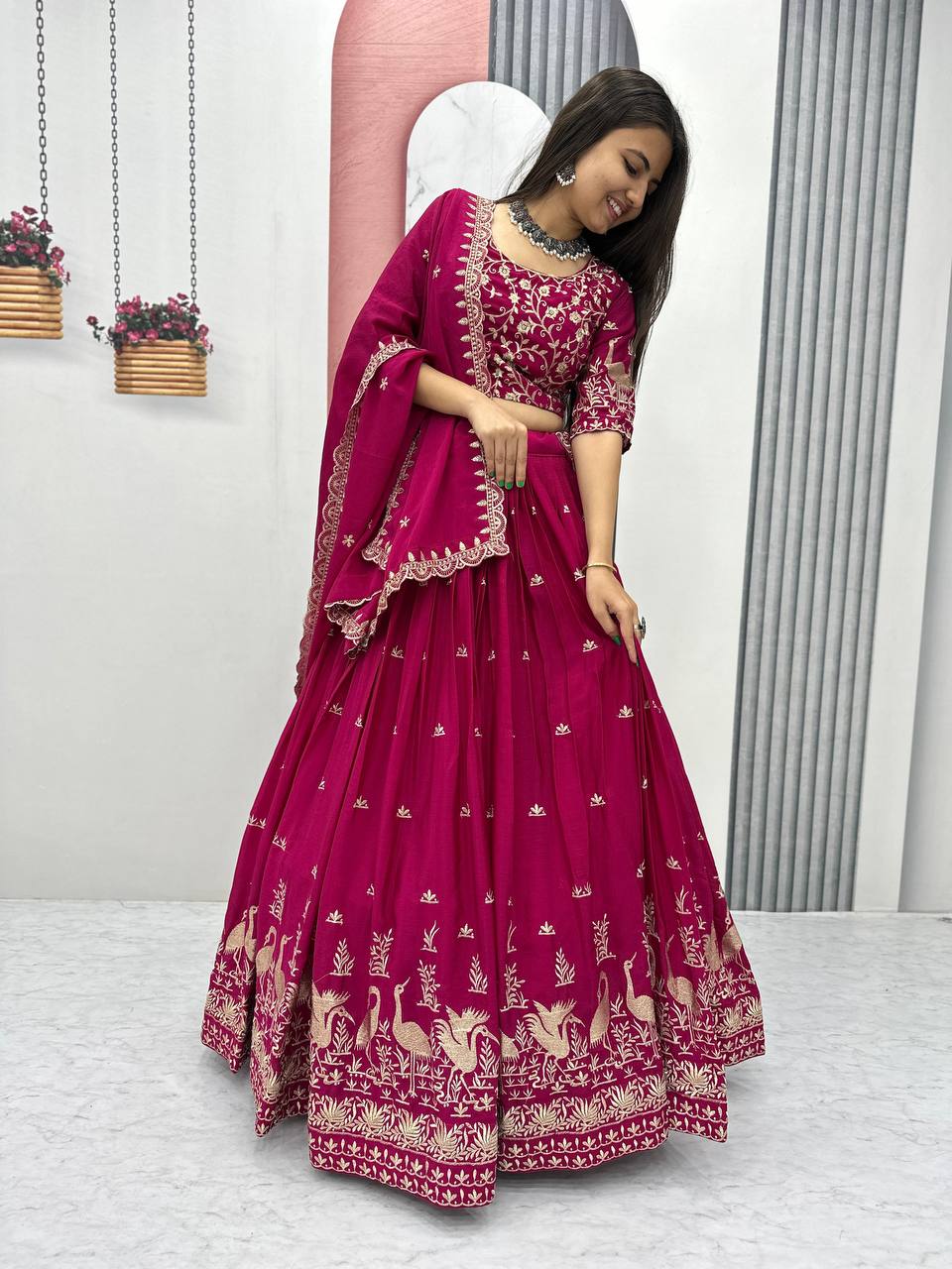 Function Wear Pink Color Chinon Embroidery Thread Work Designer Lehenga Choli