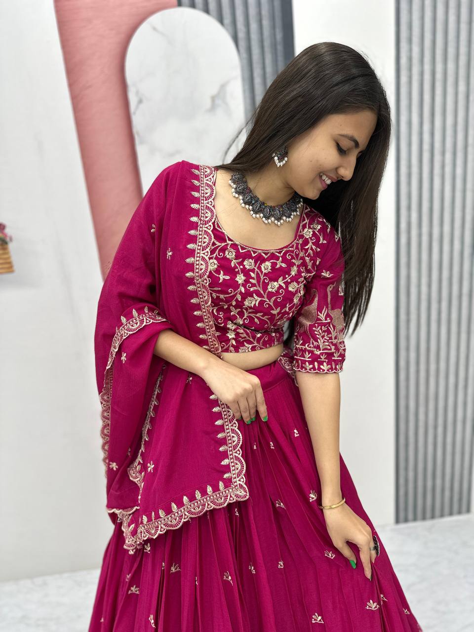 Function Wear Pink Color Chinon Embroidery Thread Work Designer Lehenga Choli