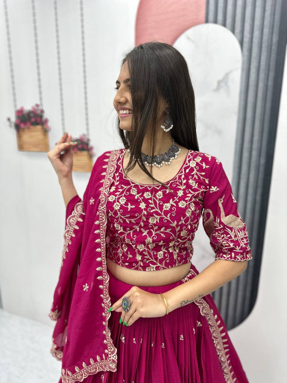 Function Wear Pink Color Chinon Embroidery Thread Work Designer Lehenga Choli