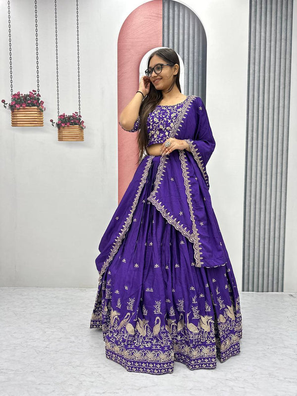 Function Wear Blue Color Chinon Embroidery Thread Work Designer Lehenga Choli