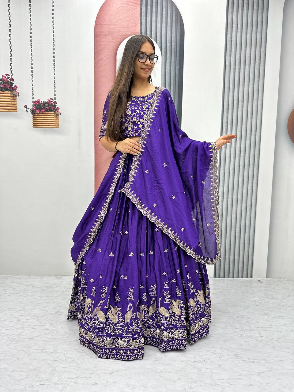 Function Wear Blue Color Chinon Embroidery Thread Work Designer Lehenga Choli
