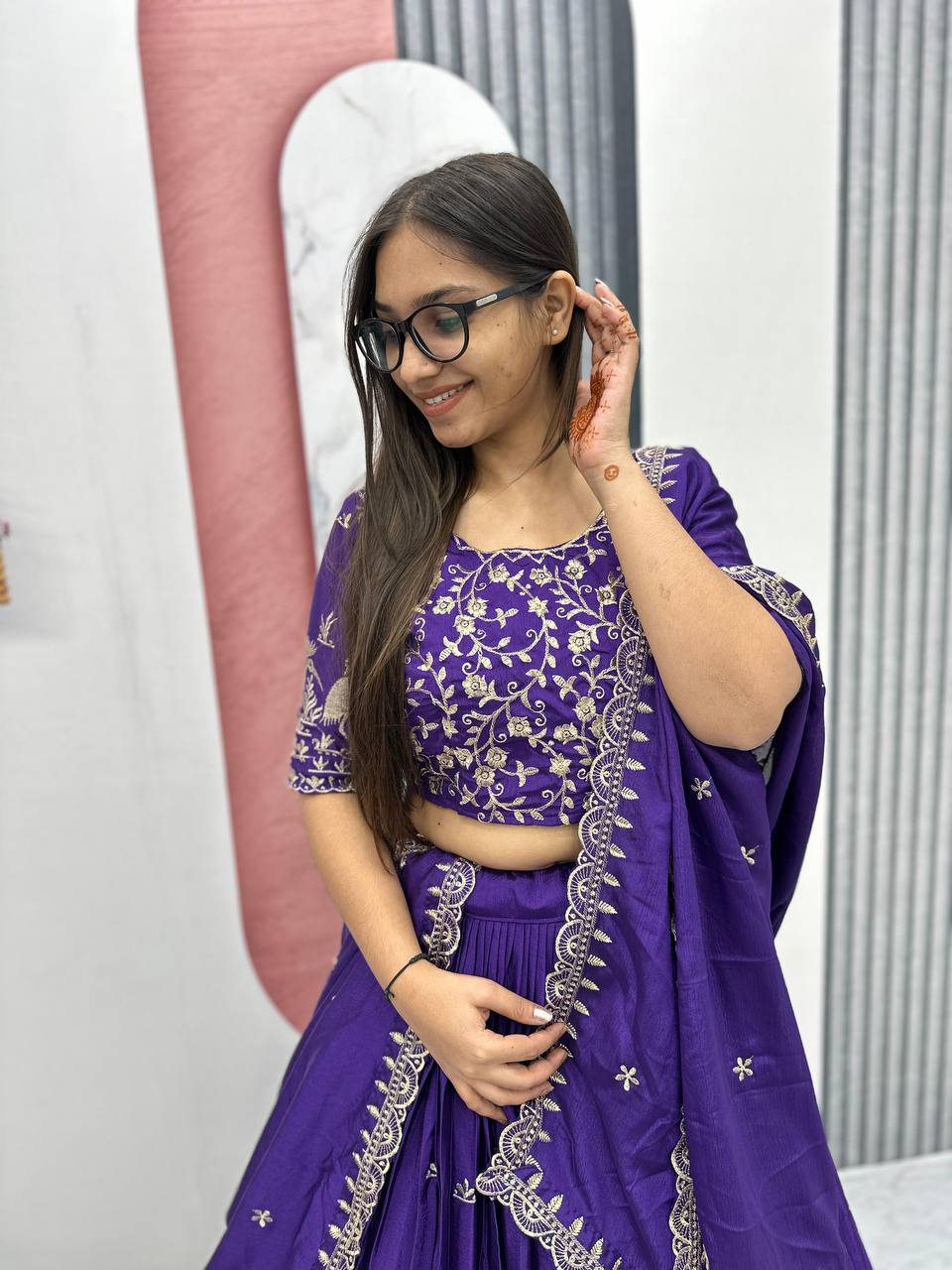 Function Wear Blue Color Chinon Embroidery Thread Work Designer Lehenga Choli