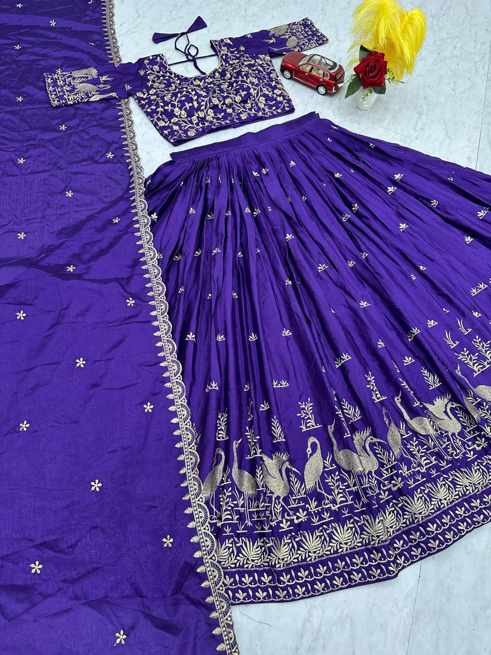 Function Wear Blue Color Chinon Embroidery Thread Work Designer Lehenga Choli