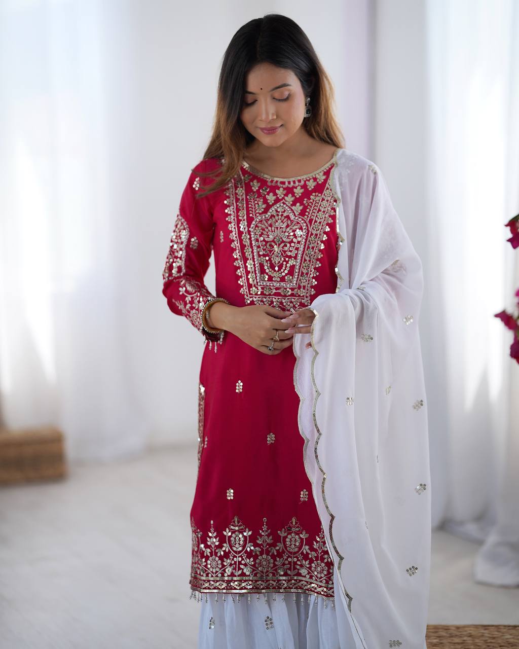 Elegant Pink Color Heavy Pure Chinnon With Embroidery Sequence Work Sharara Suit