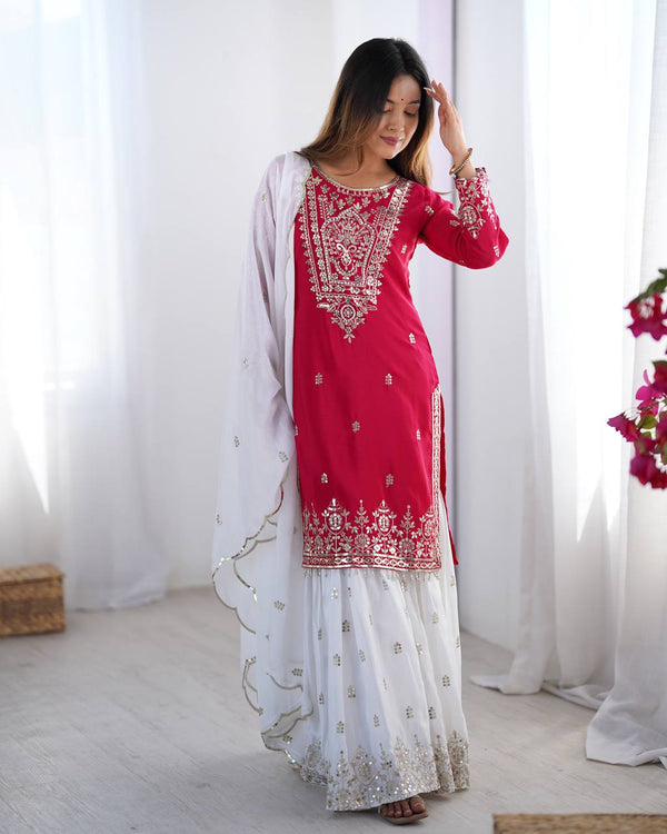 Elegant Pink Color Heavy Pure Chinnon With Embroidery Sequence Work Sharara Suit