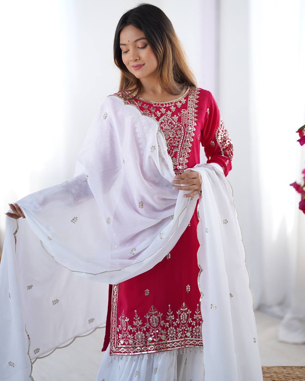 Elegant Pink Color Heavy Pure Chinnon With Embroidery Sequence Work Sharara Suit
