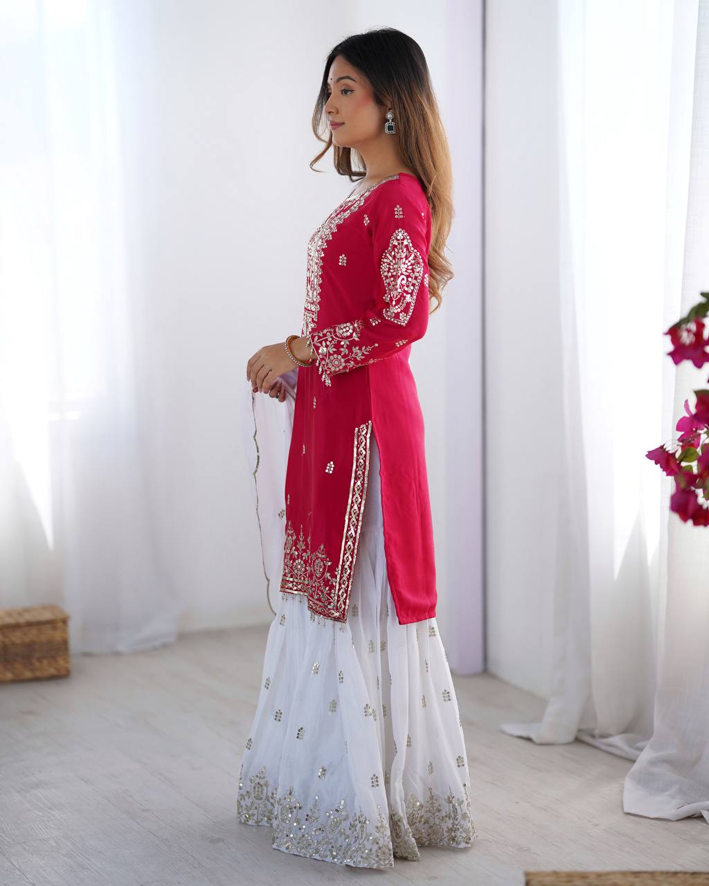 Elegant Pink Color Heavy Pure Chinnon With Embroidery Sequence Work Sharara Suit