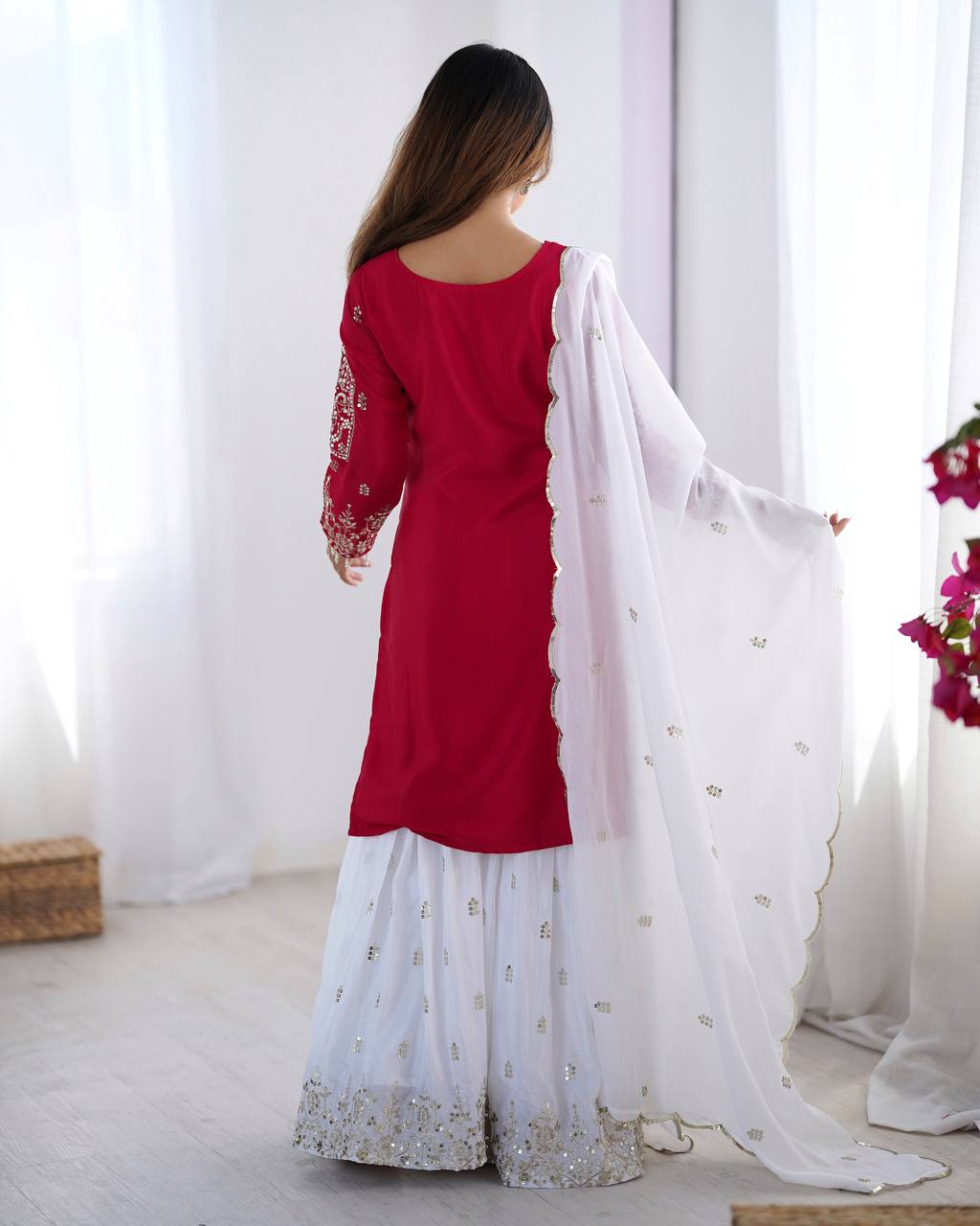 Elegant Pink Color Heavy Pure Chinnon With Embroidery Sequence Work Sharara Suit