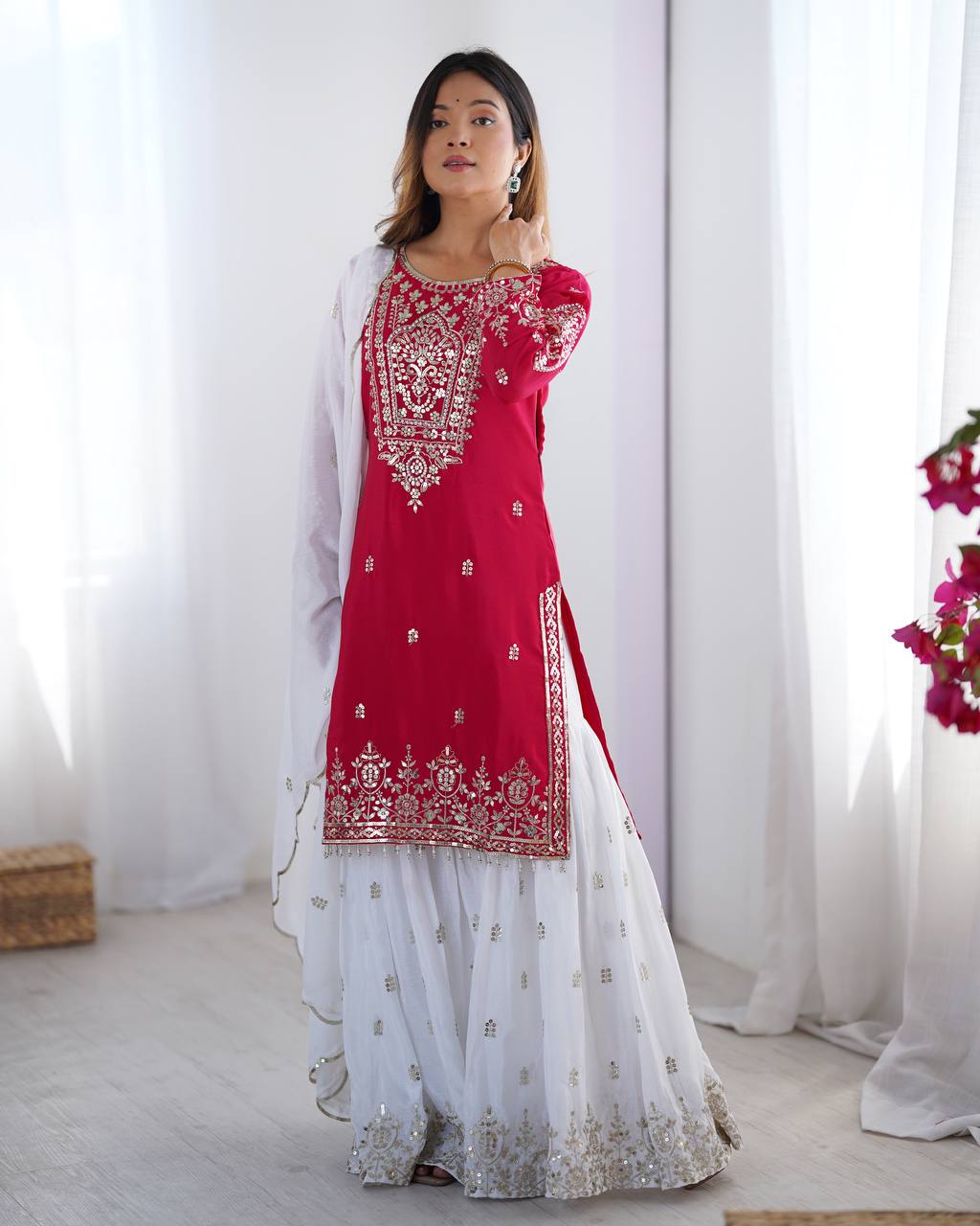 Elegant Pink Color Heavy Pure Chinnon With Embroidery Sequence Work Sharara Suit