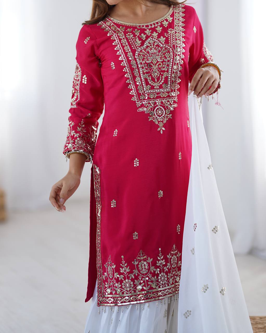 Elegant Pink Color Heavy Pure Chinnon With Embroidery Sequence Work Sharara Suit