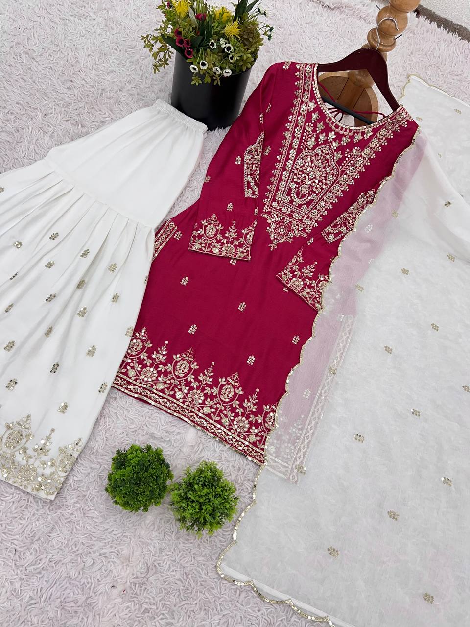 Elegant Pink Color Heavy Pure Chinnon With Embroidery Sequence Work Sharara Suit