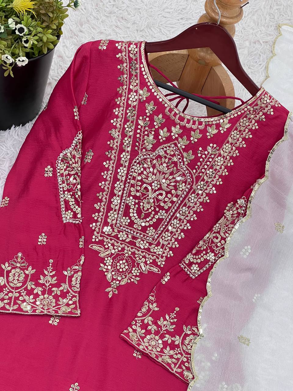 Elegant Pink Color Heavy Pure Chinnon With Embroidery Sequence Work Sharara Suit