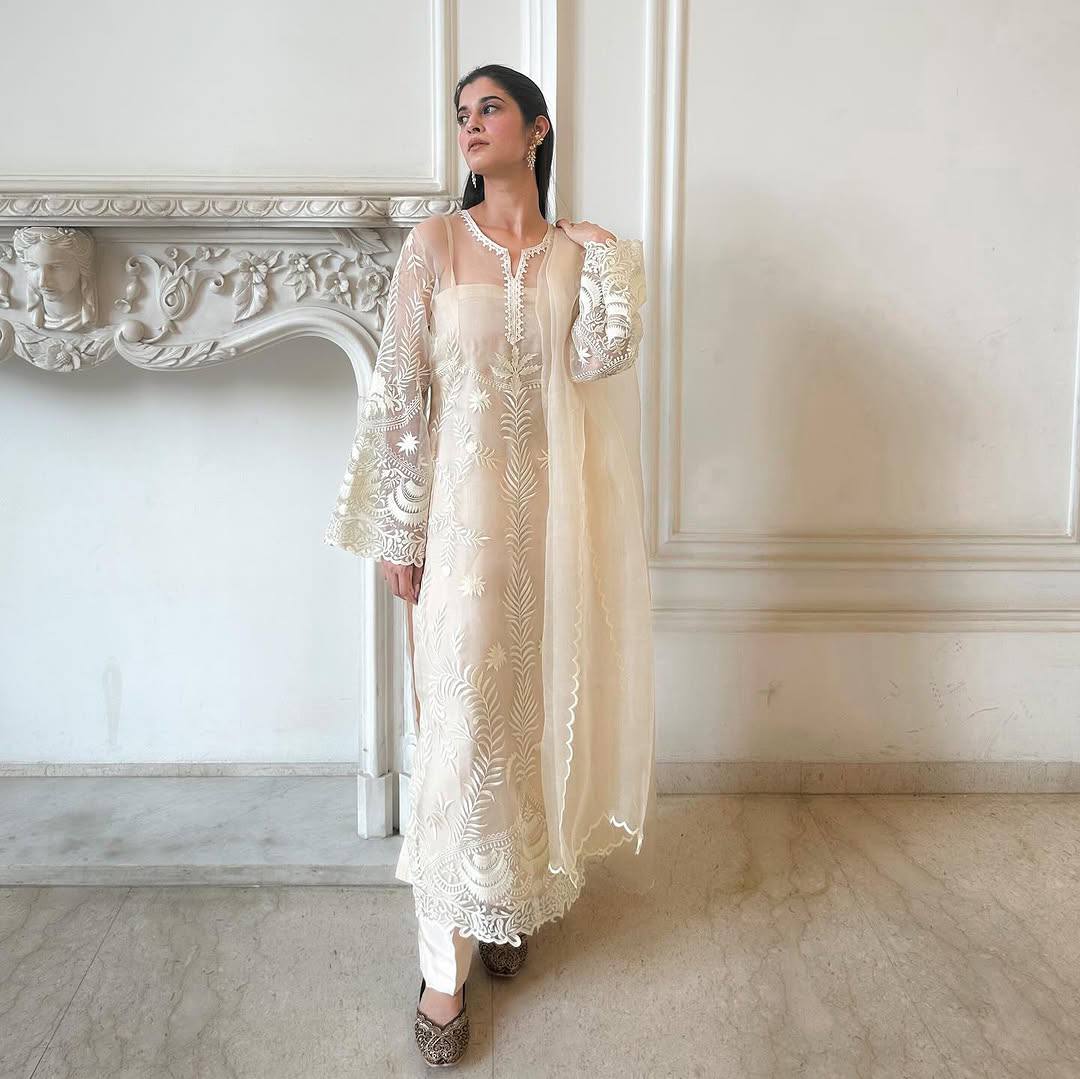 Function Wear Off White Color Heavy Soft Net Embroidery Work Salwar Suit
