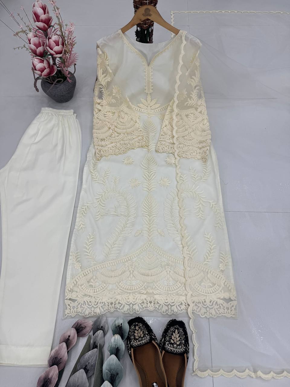 Function Wear Off White Color Heavy Soft Net Embroidery Work Salwar Suit
