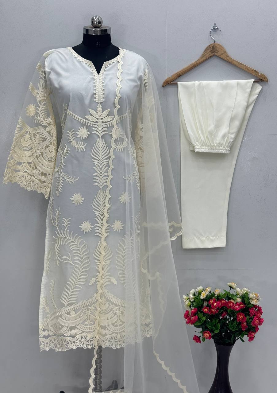 Function Wear Off White Color Heavy Soft Net Embroidery Work Salwar Suit