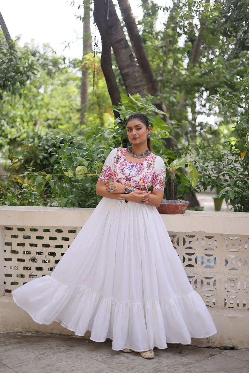 White Color Gamthi Work Designer Navratri Special Gown