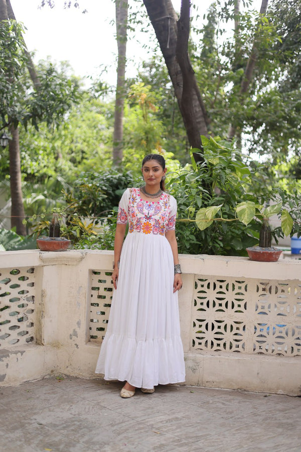 White Color Gamthi Work Designer Navratri Special Gown