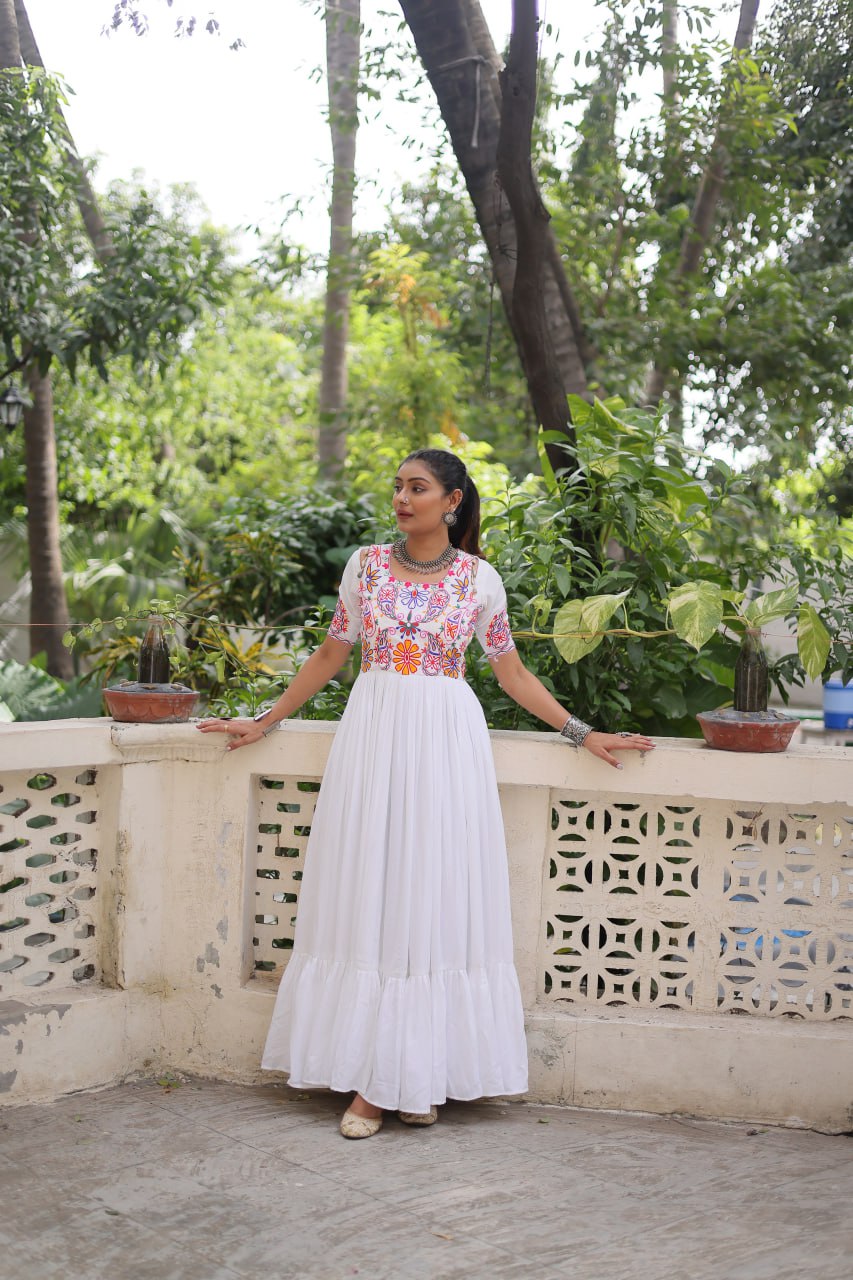 White Color Gamthi Work Designer Navratri Special Gown