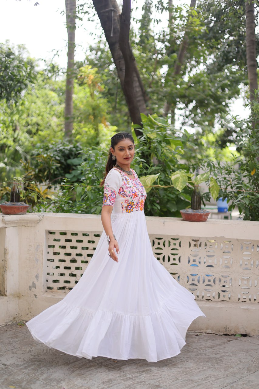 White Color Gamthi Work Designer Navratri Special Gown