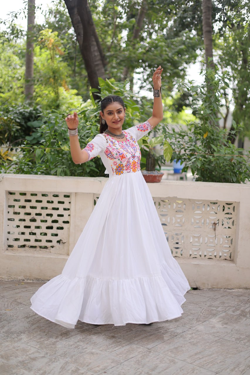 White Color Gamthi Work Designer Navratri Special Gown
