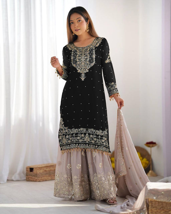 Traditional Wear BlackColor Heavy Faux Georgette With Heavy Embroidery Work Palazzo Suit