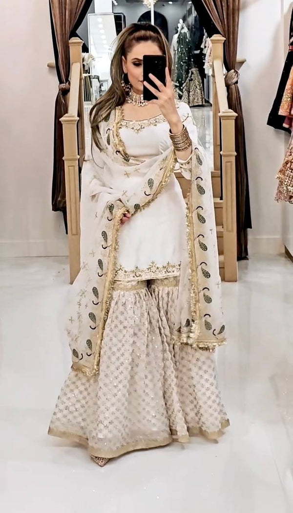Party Wear Off White Color Faux Georgette With Embroidery Sequence Work Sharara Suit