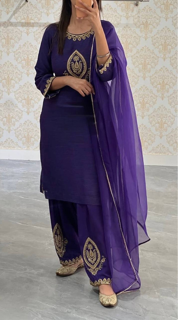 Wedding Wear Purple Color Embroidered Designer Palazzo Suit