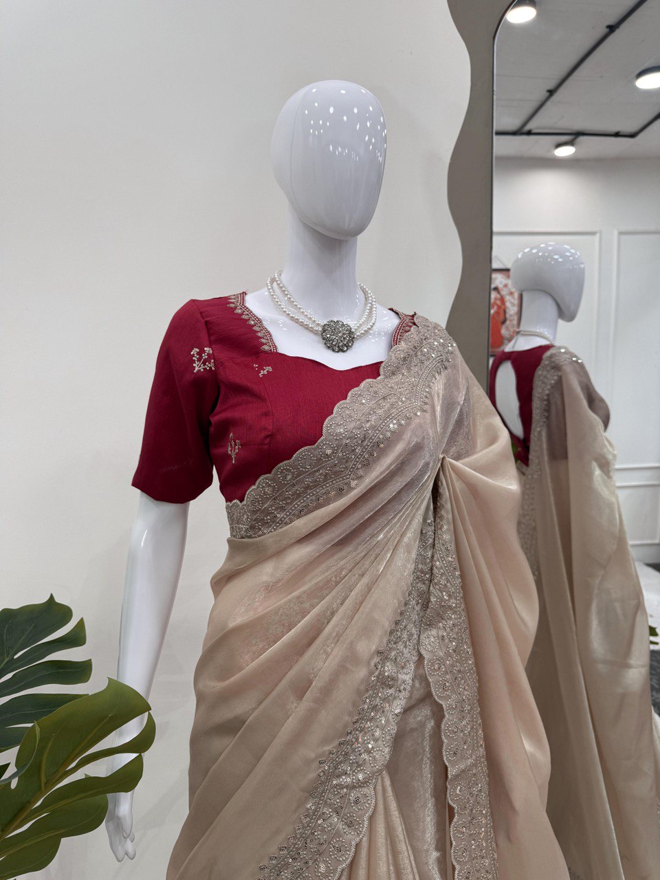 Party Wear Cream Color Jimmy Chu With Thread With Sequence Work Saree