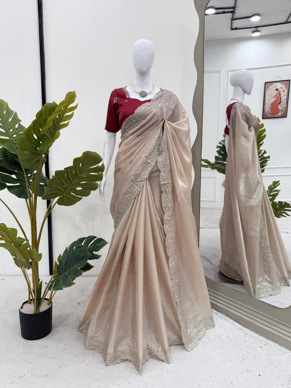 Party Wear Cream Color Jimmy Chu With Thread With Sequence Work Saree