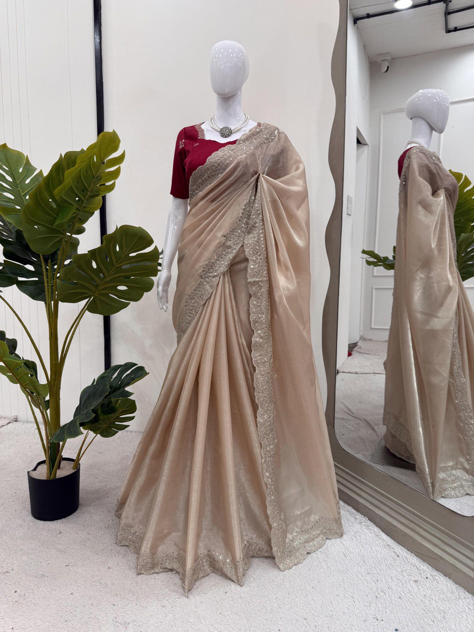 Party Wear Cream Color Jimmy Chu With Thread With Sequence Work Saree