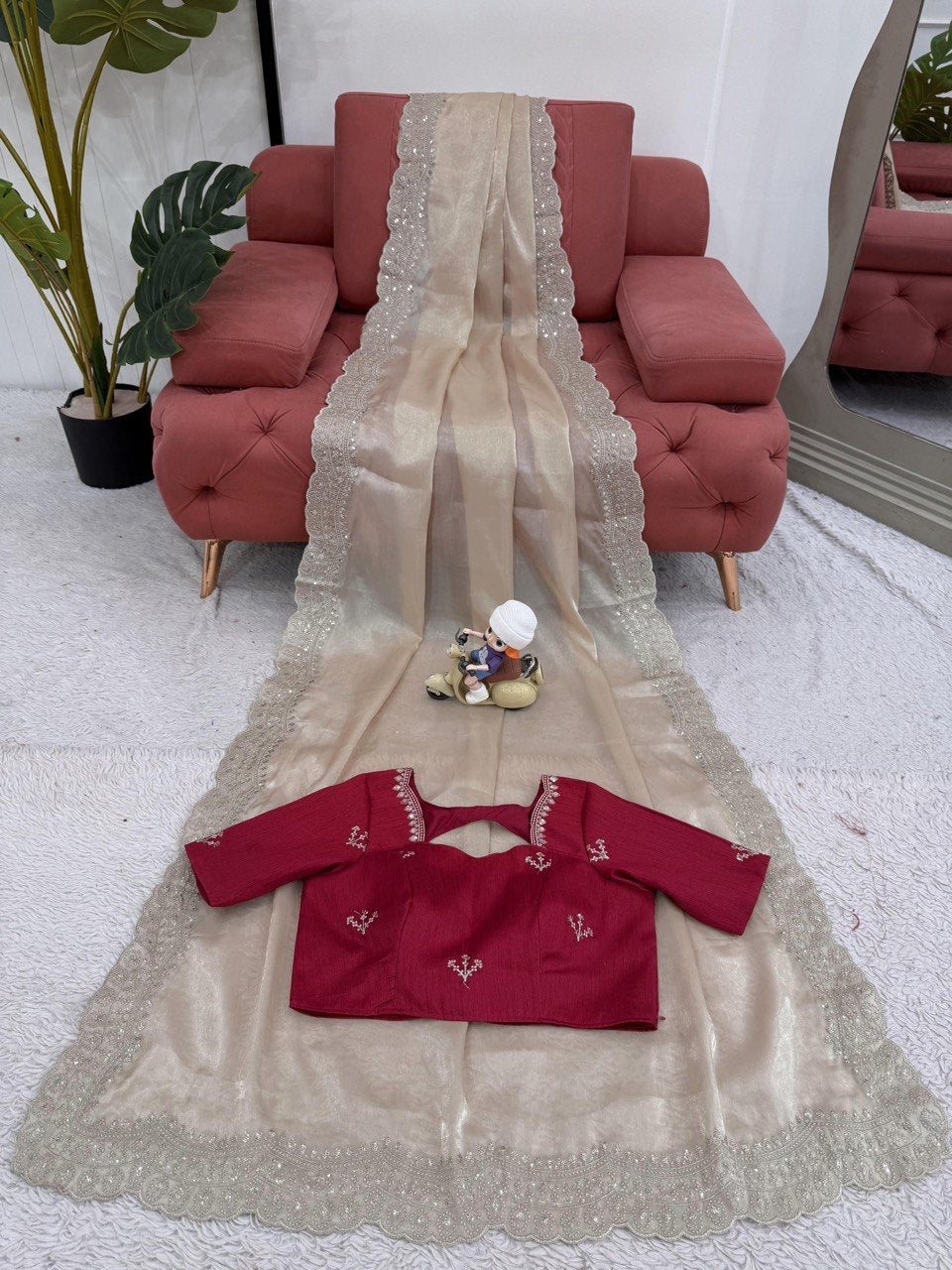 Party Wear Cream Color Jimmy Chu With Thread With Sequence Work Saree