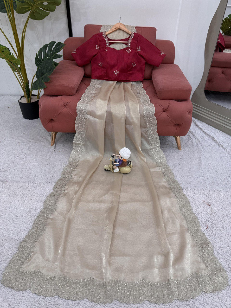 Party Wear Cream Color Jimmy Chu With Thread With Sequence Work Saree