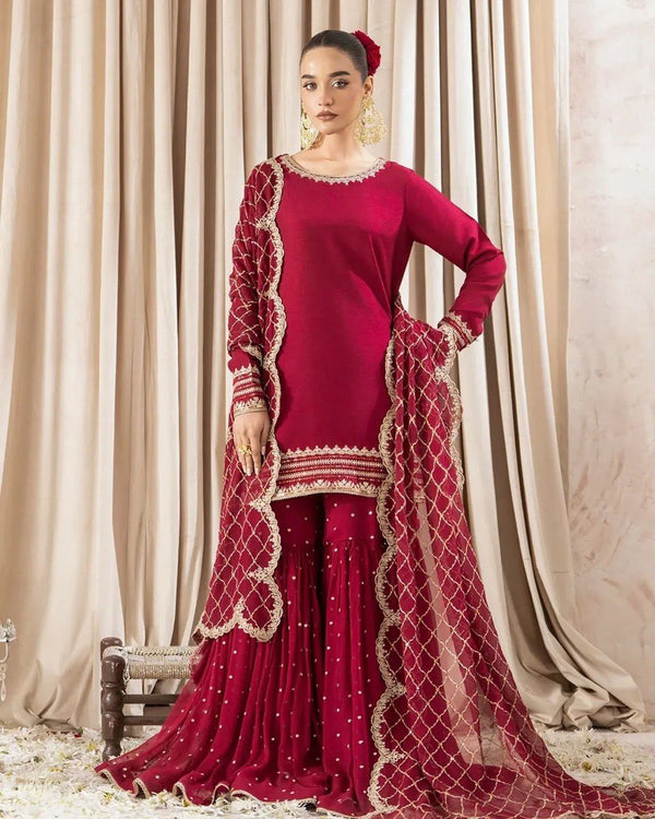 Wedding Wear Maroon Color Faux Georgette And Thread With Sequence Work Sharara Suit
