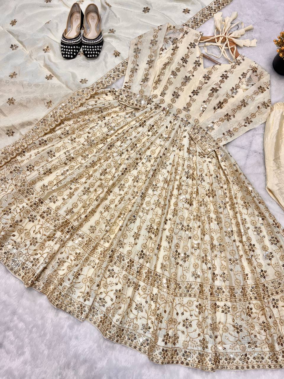 Alluring Cream Color Pure Chinon Silk With Sequence Embroidery Work Anarkali Suit