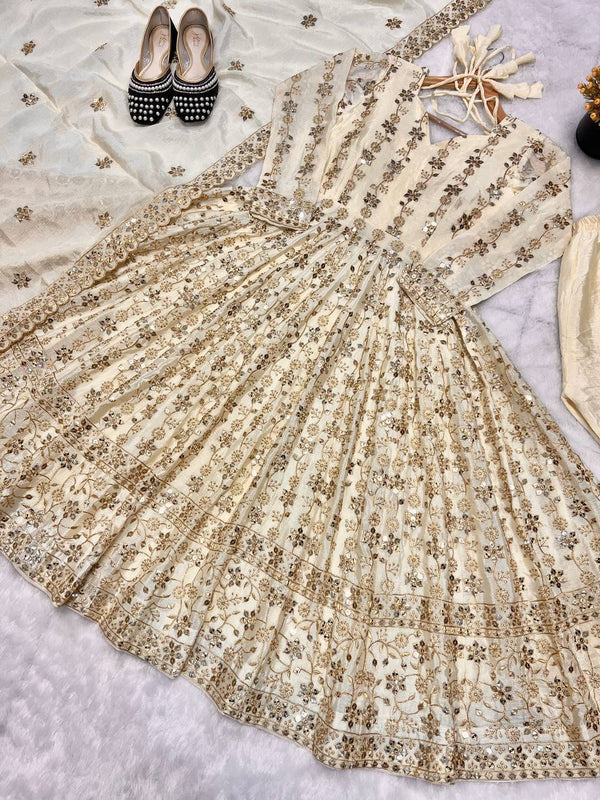 Alluring Cream Color Pure Chinon Silk With Sequence Embroidery Work Anarkali Suit
