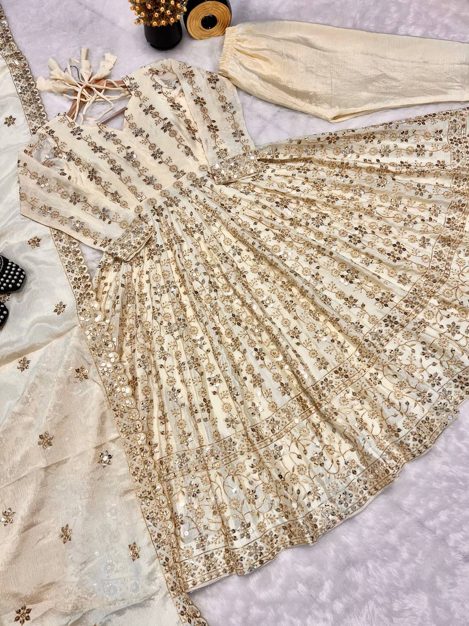 Alluring Cream Color Pure Chinon Silk With Sequence Embroidery Work Anarkali Suit