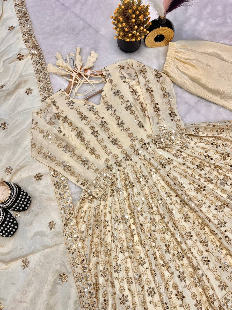 Alluring Cream Color Pure Chinon Silk With Sequence Embroidery Work Anarkali Suit