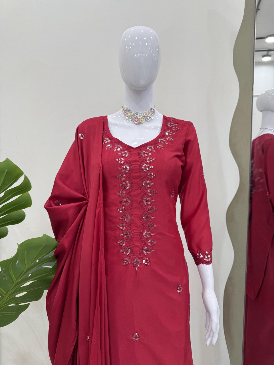 Casual Wear Dark Pink Color Chinon Silk And Thread With Sequence Work Salwar Suit