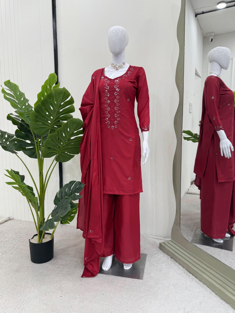 Casual Wear Dark Pink Color Chinon Silk And Thread With Sequence Work Salwar Suit