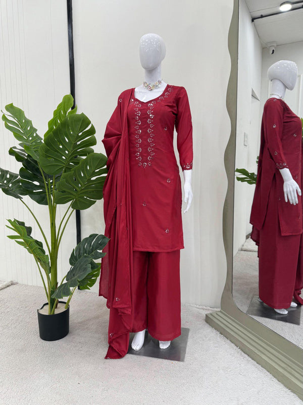 Casual Wear Dark Pink Color Chinon Silk And Thread With Sequence Work Salwar Suit
