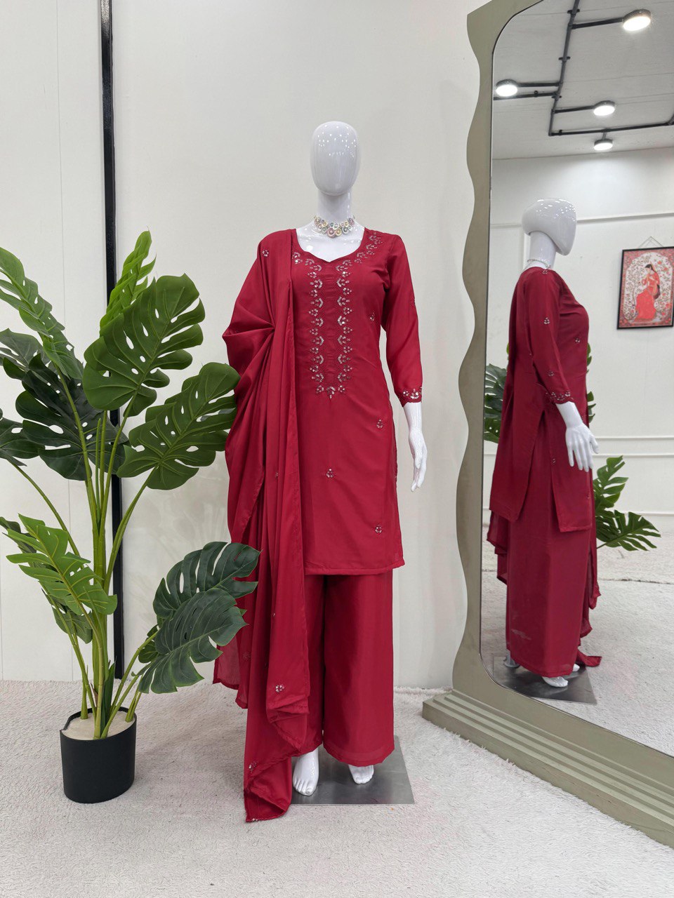 Casual Wear Dark Pink Color Chinon Silk And Thread With Sequence Work Salwar Suit