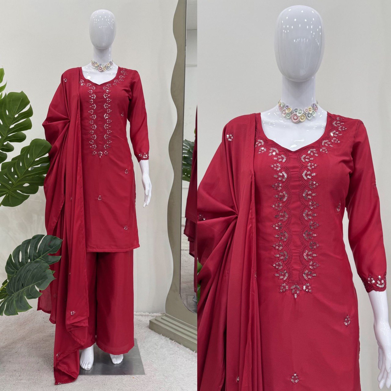 Casual Wear Dark Pink Color Chinon Silk And Thread With Sequence Work Salwar Suit